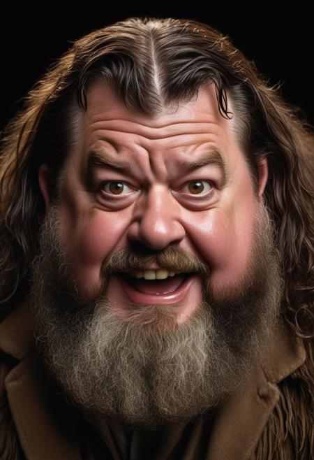A medium 40mm funny portrait of Robbie Coltrane as hagrid squeezed eyebrows  super laughing, wondering, wet bear, hyper realistic cute photo with no background, dark brown library background, looking at viewer, looking down, from below, (detailed facial features:0.2), high quality, professional photo, 28mm, (intricate detail), ((incredibly detailed skin:0.38)), Surreal Harmony, cinematic, lighting, 8K, HDR10, analog,