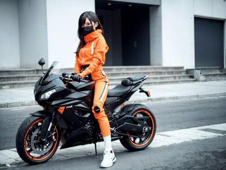 <lora:yhmotorbikev0.2:0.9> far shot,(a girl wearing orange techwear jacket and white trousers with buckle and tape), (black inverted bob), riding a silver yhmotorbike on a city street, ((long leg)), very detailed, front view, looking at viewer  <lora:koreanDollLikeness_v15:0.2> pureerosface_v1 <lora:UrbanSamurai_fashion:0.7>