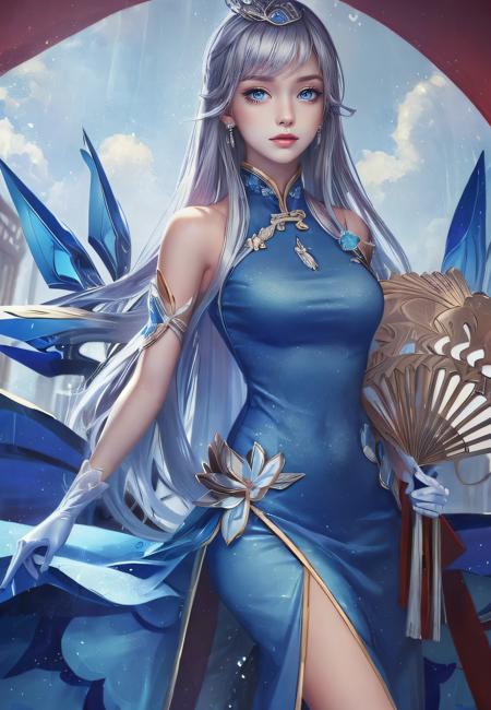 1girl, bare shoulders, blue dress, blue eyes, breasts, dress, formal, gloves, long hair, pants, a woman in a blue Ao Dai, Fan Qi, splash art, a detailed painting, symbolism, (masterpiece, best quality:1.5), <lora:YueLittlePrincess-01:1>