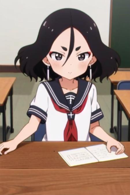 masterpiece, best quality, <lora:kunoichi_fuki:0.7> 1girl, solo, black eyes, black hair,  hair between eyes, short eyebrows, earrings,serafuku, short sleeves, sailor collar, red neckerchief, indoors, classroom,