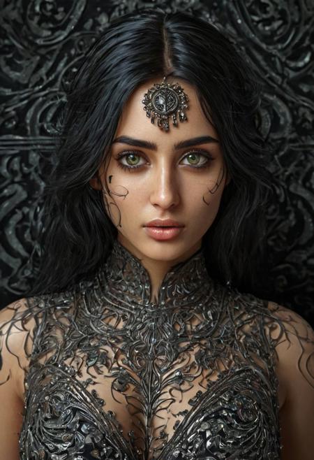 Nargis Fakhri, (mughal princess 1.4),light green eyes:1.3),((dark black background:1.5)),hyper real photo of ((persian woman )),((detailed realistic face and eyes)),(long dark black hair:1.5),soft big nipples covered by (ripped torn cotton tanktop),natural breasts,((dark black background:1.5)),perfecteyes,,light blue eyes, ultra quality, ultra detailed, octane, Bokeh, tilt-shift, Psychedelic art style, vibrant and surreal imagery, kaleidoscopic patterns, intense colors, mind-expanding and hallucinatory, reflects the psychedelic experience and counterculture movement, Rococo art style, ornate, light-hearted, elegant, decorative, playful subjects, asymmetrical designs, Surrealism art style, dreamlike and irrational imagery, explores the unconscious mind, juxtaposition of unlikely elements, challenges reality and logic, Gothic art style, gothic details, dramatic compositions, rich symbolism, Futurism art style, dynamic composition, bold geometric forms, vibrant colors, captures the spirit of technological advancement and modernity, Egyptian art style, iconic symbolism, intricate hieroglyphics, dynamic composition,