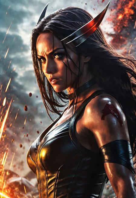 High resolution ultra-realistic of Beautiful Laura Kinney/X-23 Wolverine/Logan, cinematic lighting, Marvel style, Wolverine and X-23 stand side by side in battle pose on a bloody and stormy battlefield, 8k, realistic modern Wolverine X-Men combat costume, gazing straight ahead, dirty face, full body, ultra realistic, cinematic style, athletic figure, day lighting, sharp focus, digital painting, Photograph Taken on Nikon D750, Alphonse Mucha, Hyperdetailed, hyperrealism, aesthetics reminiscent of X-Men, Attractive, asymmetric balance