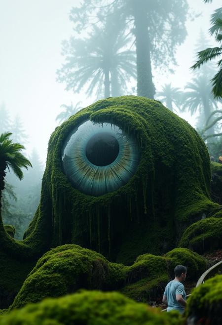 photo of a giant eyeball covered by moss, mossy forest, rainy, cloudy, misty,