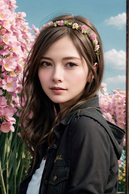 mai 1girl, a young woman, upper body, (looking at viewer:1.3), (schoolgirl jacket), (flower crown), (beautiful city, beautiful sky background), natural skin color, (closed mouth:1.2), (medium breast), floating hair, beautiful expression, face detailed, eyes detailed, iris detailed, masterpiece, best quality, photorealistic, hyper realistic, ultra detailed, perfect lighting, depth of field, shadows, highres, <sayhello0o-lora:shiraishimai-0.5:1>