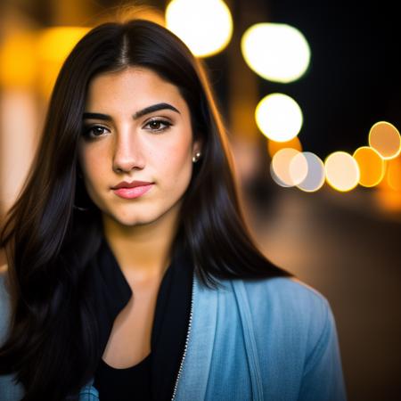 RAW photo, a portrait photo of <lora:Loradamelio_v2:1> woman in casual clothes, night, city street, (high detailed skin:1.2), 8k uhd, dslr, soft lighting, high quality, film grain, Fujifilm XT3