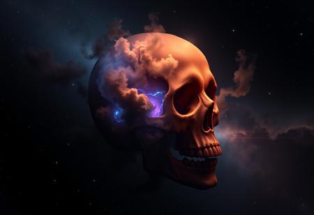 photorealistic dark cosmic nebula like a skull made of clouds with hues of black, orange, blue, and purple, and 6 diffraction lines on stars