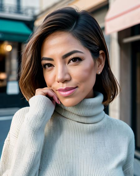 photo of (P4m3l4Silv401:0.99), a woman, RAW, close portrait photo, (wearing a turtle neck pullover:1.2), standing in front of a (french caf:1.2), RAW candid cinema, 16mm, color graded portra 400 film, remarkable color, ultra realistic, textured skin, remarkable detailed pupils, realistic dull skin noise, visible skin detail, skin fuzz, dry skin, shot with cinematic camera