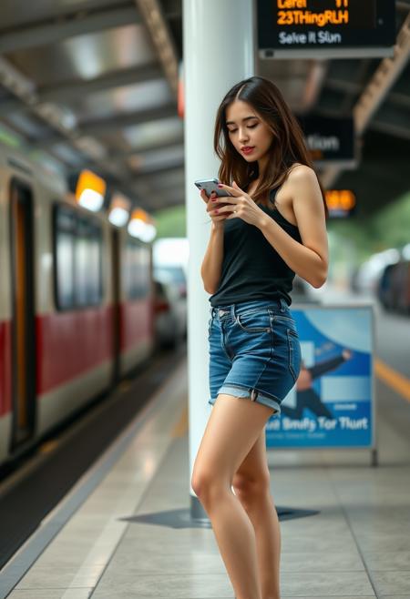 A serene brunette petite woman, on bus station, black tank top, short extra short denim shorts, 21 years old, attractive, looking in her cell phone, whole body, sandals