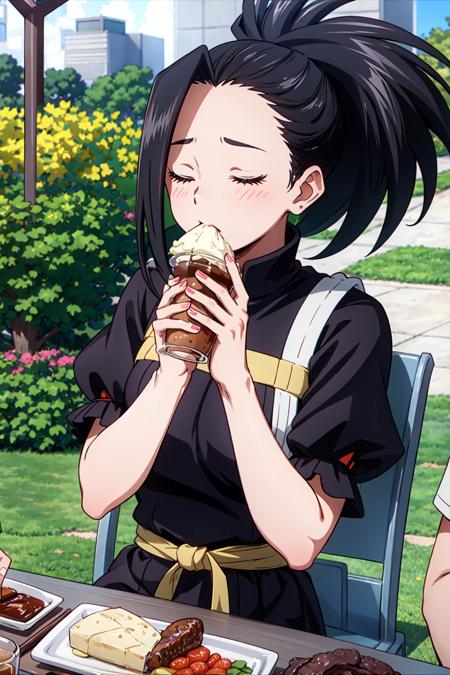 <lyco:GoodHands-beta2:1.0>, nice hands, (((masterpiece))), YaoyoruzuMomo, 1girl, blush, black hair, 1boy, dress, holding, sitting, closed eyes, ponytail, short sleeves, outdoors, food, solo focus, black dress, cup, eating, table, holding food, casual, hand on own face, hand on own cheek, bench, hair pulled back, skewer, <lora:YaoyoruzuMomo-10:0.75>