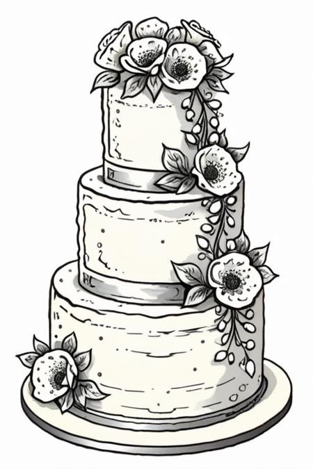 pen and ink illustration of a three tiered traditional white wedding cake  by cooking show 
<lora:Baking_Illustration:1>