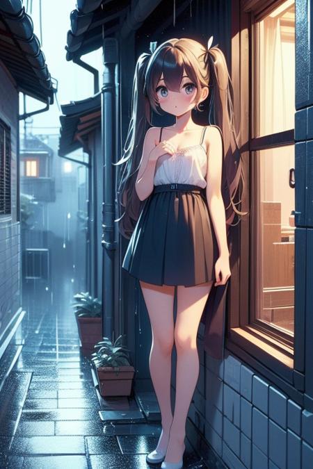 (((masterpiece))),  (((best quality))),  (((full body))),  (((2girl))),  (((side viewer girl standing on night alley at outdoors))),  ((wearing camisole)),  ((looking inside window)),  petite figure proportion,  white tile wall,  surprise,  curious,  ribbon,  twintails,  big tits,  raining,<lora:EMS-260057-EMS:1.000000>