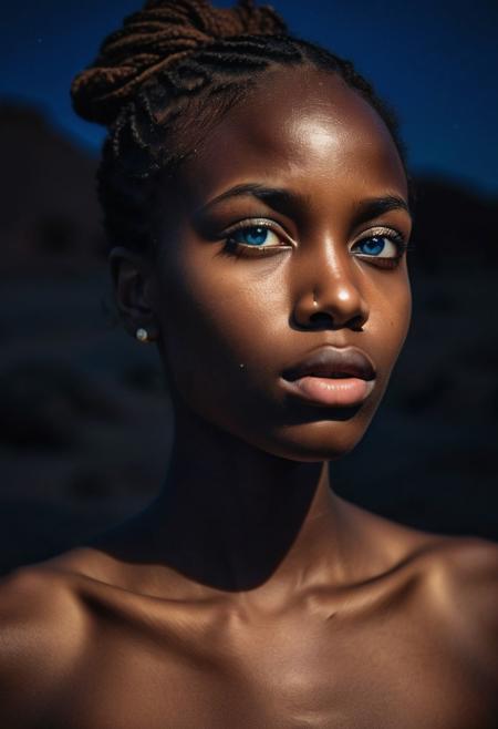 Intense film photograph taken in a pristine and surreal desert at night. Dark and lit in extreme contrast. Closeup of the bust of A stunningly beautiful young African woman staring into the distance. Deeply radiant blue eyes, wide nose, plush lips that appear soft and moist. Her delicate jawline, thin neck, collarbone, small perky upturned breasts with puffy erect nipples. Piercings in her nose,eyebrow,ears,lips. She looks achingly aroused, passionate and in love, desperate for her lover's touch and aroused to the edge of orgasm, lips parted, breathing hard.