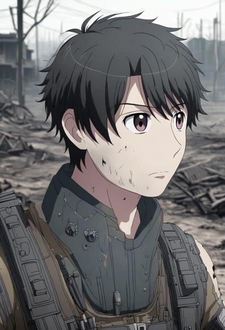 high resolution, solo, best quality, 1Boy, Inaho Kaizuka, Black Hair, shallow depth of field, Post-Apocalyptic, survival, OverallDetail