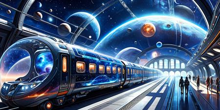 CosmicStyle, see-through, transparent, Epic illustration of a galactic train station floating in space, platforms suspended among stars, futuristic trains curving around planets and moons, passengers visible through glowing windows, grand sci-fi architecture, panoramic cosmic background, dramatic lighting, watercolor texture, majestic and cinematic style, epic scale, panoramic view, panoramic cosmic background, glowing train windows