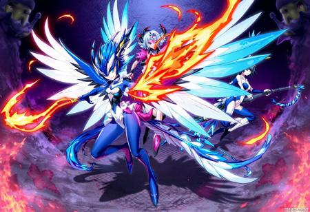 This captivating artwork showcases three distinct Harpie Lady Sisters, each with unique color schemes and weapons, arranged in a dynamic Phoenix Formation on a textured Pandemonium. The blue and white Cyber Harpie in the foreground, wielding a Fire Whip, gives an impression of readiness for a fantasy battle. Behind it, the pink and black, and blue and white Harpie Ladies, each equipped with a Performapal Whip Snake, add depth and motion to the image. The artwork is masterfully crafted with sharp lines, brilliant colors, and intricate details, resulting in a lifelike and vibrant 4K illustration, designed to inspire awe and appreciation from the viewer.