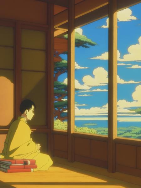 <lyco:StudioGhibli:1.0> DVD screengrab from studio ghibli movie, monk studying, many books, japan, directed by Hayao Miyazaki, beautiful, golden hour, retro anime