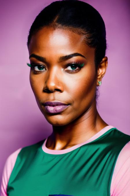 a photo of gbr wearing green and purple shirt and pink jeans staring at the viewer, (green and purple shirt ), (pink  jeans),Highly Detailed,(close portrait:1.3),(Feminine:1.4),(beautiful:1.4),(attractive:1.3),calendar pose,perfectly detailed eyes,studio lighting,thematic background,<lyco:GabrielleU-RealVision-V1.0:1.0>