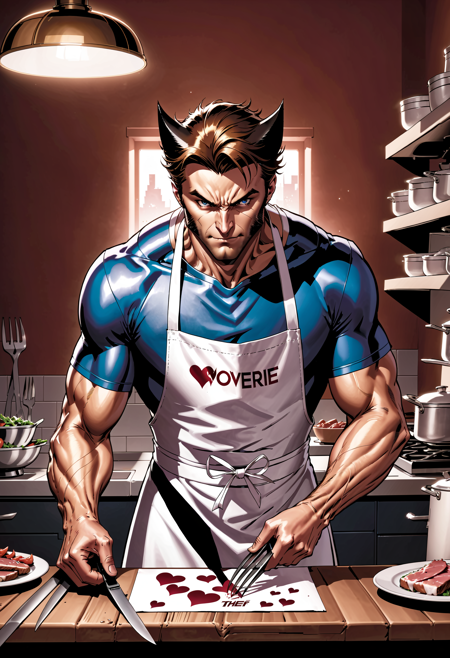 wolverine, working at restaurant, cutting fish with claws, Kiss The Chef written on apron, wolverine claws, white apron with hearts, cinematic lighting