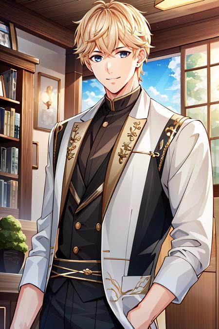 ((high_quality, distinct_image)), masterpiece, extremely_detailed_CG, illustration, 1boy, looking at viewer, handsome, beautiful_detailed_hair,  male, zhouqiluo, upper_body,  indoor, smile, toned