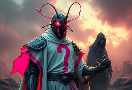 Create a high-definition, photorealistic artwork of a Cockroach Knight with a question mark on its chest, inspired by the styles of Kazuo Umezu and Frank Frazetta. The knight should be wearing a white robe with dayglo pink accents and be set against a backdrop that incorporates elements of Iram of the Pillars and Jorogumo. Include a mysterious, featureless stranger in the scene, with a creepy, gothic-inspired aesthetic. The artwork should adhere to the golden ratio and have a psychedelic, overcast tint. Ensure that the piece is highly detailed, with a focus on micro details and lifelike textures. The color palette should be vibrant and cinematic, with a mix of realistic and fantastical elements. The final piece should be reminiscent of the works of Dorothea Tanning, Magali Villeneuve, and Artgerm, with a strong emphasis on anthropology and wonder.
