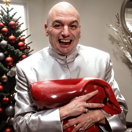 (( a man holding a red present laughing manical, christmas tree in background:1.2))<lora:DrEvilLoRA:1> drevil bald with scar on his right cheek, grey coat, meme, high detail skin, high detail eyes, high detail hair, highres, ultra detailed, detailed pores, imperfect skin, detailed reflective shiny skin, diffused skin pores,sharpen picture, Highly detailed, masterpiece, best quality, photorealistic,