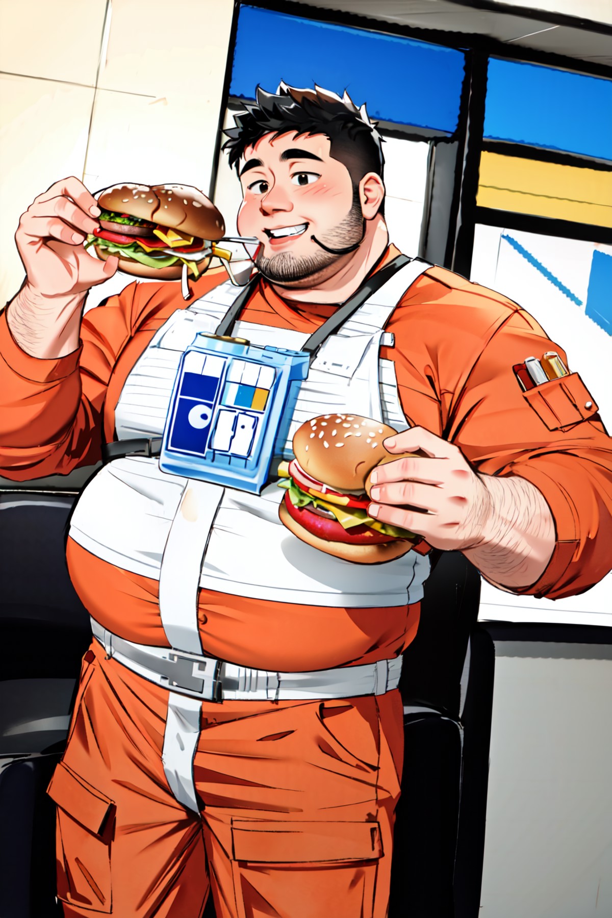 fat  man in rebel pilot suit,eating a burger,restaurant<lora:RPSV3:0.8>