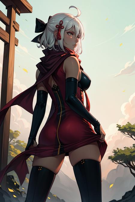 masterpiece, best quality, okita souji alter, short hair, hair bow, tassel, arm guards, red scarf, red dress, cleavage, black thighhighs, from behind, emotionless, looking down, japanese architecture <lora:okitasoujialter-nvwls-v1-000010:0.9>