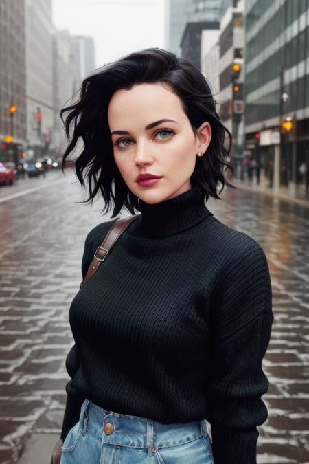 photo of carlagugino-3585:0.99, a woman with black hair, neat hair, ((short hair)), ((pale skin)), ((cowboy shot, waist, hips, thighs):1.1), ((turtleneck sweater, heavy coat):1.2), ((cloudy, overcast, raining, outdoors, city street):1.2),((detailed face, beautiful face, detailed eyes, beautiful eyes):1.3), ((lipstick, eyeliner, eye shadow):1.2),((best quality, masterpiece, extreme details):1.2) ((detailed eyes, detailed face):1.2), ((fully clothed))