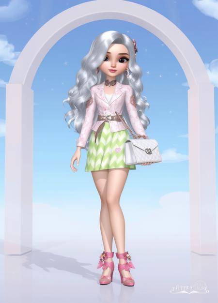 3d Princess, masterpiece full of details.This digital artwork features a stylized anime character with long, wavy, silver hair, standing in front of an ethereal arched backdrop against a clear blue sky. She wears a pastel-colored outfit consisting of a pink floral jacket, a lime-green chevron-patterned skirt, and matching pink high-heeled shoes adorned with floral details. Completing her ensemble is a white, quilted Chanel-esque handbag. Her expression is confident, with large, expressive eyes and fair skin. The scene is luminous, with soft, glowing light enhancing the dreamy, otherworldly atmosphere.