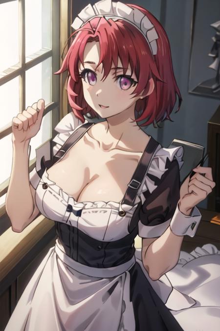 best quality, masterpiece, highres, solo, {maid:1.40}, {long maid dress:1.15}, {cow_girl_goblinslayer:1.15}, short_hair, red_hair, pink_eyes, purple_eyes, collarbone, breasts