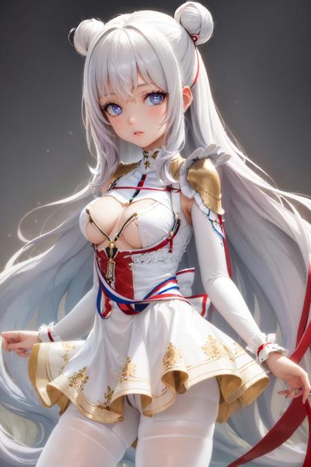 (masterpiece, best quality:1.2), <lyco:azurlane_lemalin-10:1.0>, cowboy shot, solo, 1girl, lemalindef, expressionless, looking at viewer, double bun, symbol-shaped pupils, short dress, clothing cutout, underboob cutout, ribbon, white pantyhose, thighband pantyhose