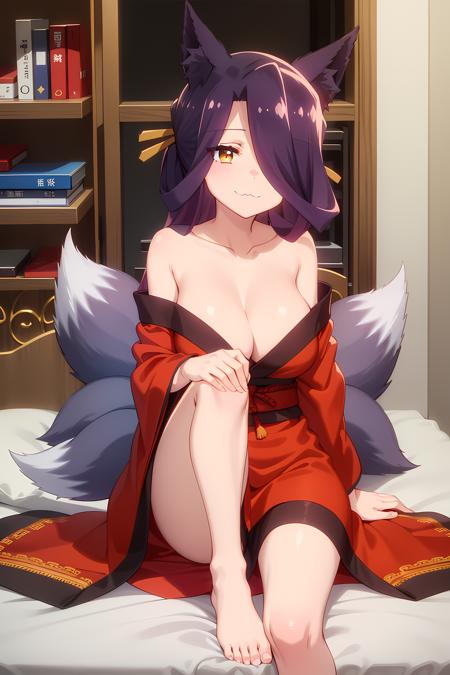 best quality, masterpiece, detailed,
<lora:SewayakiKitsune_Sora:0.8>, KitsuneSora,
1girl, light smile, :3,
purple hair, yellow eyes, long hair, fox ears, hair ornament, hair over one eye, multiple tails,
japanese clothes, red dress, bare shoulders, cleavage, large breasts, barefoot,
sitting, looking at viewer,
bed