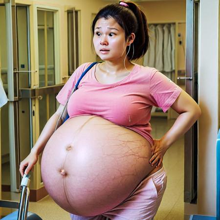 photo of a very pregnant short chubby chinese woman in hospital. Her brown hair is in a bun. She is wearing a pink T-shirt & white pants. which has dark stretch marks and a thick navel. She is walking barefoot, legs very swollen