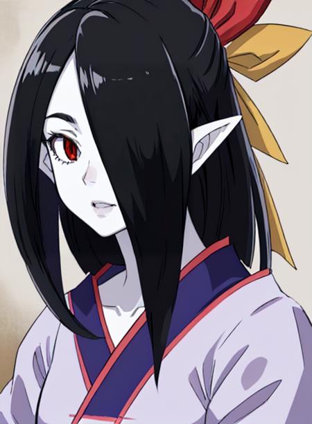 best quality, (masterpiece),(ultra-detailed), (high quality), (high resolution), <lora:mihasa:0.7> mihasa, pointy ears, hair over one eye, black hair, red eyes, pale skin, ribbon,japanese clothes