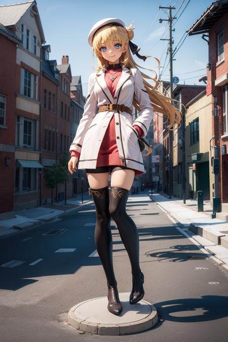 smile,sitting,crossed legs,
<lora:agneslV3-000008:0.7>,agnesgf,game style,blonde hair,hair bun,low-tied long hair,very long hair,braid,hair ribbon,red beret,blue eyes,||black collar,necklace,white coat,long sleeves,pink sweater pencil dress,brown belt,handbag,black pantyhose,brown knee boots,outdoors,cityscape,, masterpiece,best quality,ultra detailed,high quality,illustration,perfect anatomy,bedroom,
(full body:1.5),(standing:1.2),looking at viewer,<lora:æåPVCmerdV1:1>,