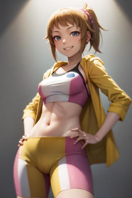 (masterpiece, best quality:1.2), <lora:gundam_hoshino-10:1>, cowboy shot, solo, 1girl, hoshino fumina, grin, looking at viewer, hands on hips, yellow jacket, open jacket, sports bra, bike shorts, midriff