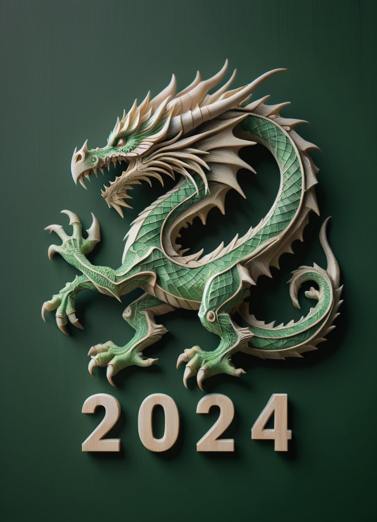 Green Dragon Statue for 2024 with the Year "2024" Below It