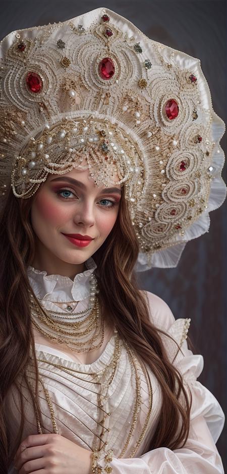 8k, UHD, photorealistic ((full-body)) slender Russian woman, hairstyle of two braids, in a long Russian national vintage costume of XVII century, decorated with pearls and precious stones, in the Russian hut,((dilated pupils)), huge headdress, kokoshnik, friendly expression on her face, ((detailed skin, visible pores on the skin)), ((narrow waist, large breasts)), correct anatomy, make-up, against the background of Russian nature, DSLR, Nikon Z 55 mm, depth of focus, detailed background
<lora:kks-fan:1.1>   kks_f4n, smirk, inviting pose
  <lora:ClothingAdjuster3:-1>