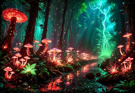 8k UHD<lora:spo_sdxl_10ep_4k-data_lora_webui:.75>, masterpiece,realistic, cinematic light, best quality, amazing quality, very aesthetic, high resolution, sss, absurdres, epic scenery, insanely detailed, realistic, photorealistic, An otherworldly bioluminescent jungle, where every tree, plant, and mushroom glows with vibrant blue and green. ((Gigantic mushrooms glowing with red and magenta)), a river pulses with soft perple light from within ((subsurface scattering)), and translucent bioluminescent creatures dart through the air, leaving trails of light behind them. flowers, sky is filled with swirling auroras that mirror the forest's glow, creating a dreamlike atmosphere filled with enchanting Luminescence,  intricate patterns on leaves and bark, reflecting the natural beauty of this glowing wonderland.,
((Best quality photorealistic details)), ((very eerie atmosphere)), flux-style, , forest,acid water, alienworld<lora:Alien_World-xl-8:0.6>