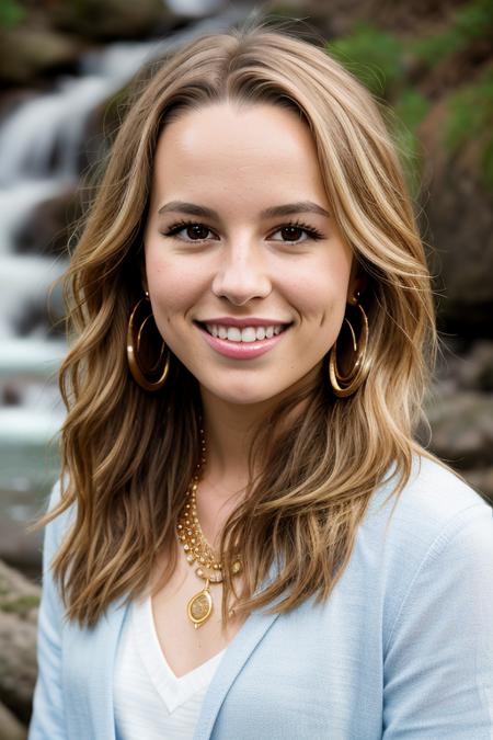 a Realistic portrait of a bridgit mendler woman with brown eyes and long Hair style, looking at the viewer, detailed face, detailed eyes, (smiling showing teeth:1.1), perfect slim body, modelshoot style, wearing gold earrings and jewelry, soft lighting, professional Photography, Photorealistic, detailed, waterfall background, RAW, analog, sharp focus, 8k, HD, DSLR, high quality, Fujifilm XT3, film grain, award winning, masterpiece  <lora:bridgit mendler v1.0:1>