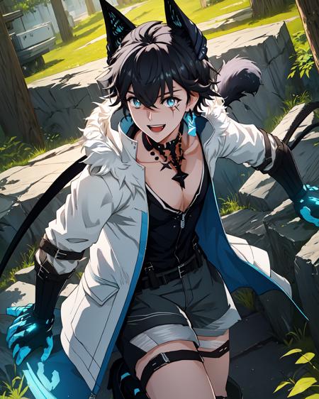 axds, 1boy, solo, male focus, claws, cleavage, scar, mechanical tail, jewelry, white jacket, fur-trimmed jacket, open clothes, fur trim, black shirt, shorts, thigh strap, black footwear, boots, high heels