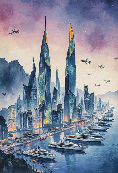 A futuristic coastal megacity blooms across a vast rice paper canvas, etched with volatile ink strokes and diffused watercolor halos. Towering arcologies—semi-organic, pulse-lit spires—jut skyward in fractured symmetry, their glass exoskeletons veined with bioluminescent circuitry. Aerial hover-ferries and manta-like cargo crafts drift over a harbor of levitating superyachts, their hulls reflecting shades of oxidized copper and deep obsidian. The sky gradients from starlight violet to soft chrome, bleeding into the textured fibers like breath on silk. Imagine a fusion of Hokusai’s tempestuous brushwork with Syd Mead’s techno-barocco structures—chaos and grace unified. Energy lines ripple beneath the city like fault lines of light, illuminating rooftops with internal warmth. Painterly gestures suggest motion and entropy, while soft lighting reveals a metropolis alive with coded rhythm.