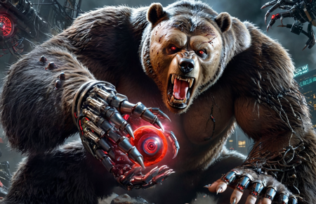 (foreshortening:1.3), from below, attacking pose, fearsome and vengeful cyber-crippled bear is doing it's last punch trying to avenge himself to dr. Frankenstein, half-cybernetic head, one red glowing eye, gore, (angry roar:1.1), dark theme, moody, twilight time light, BREAK, ultra-wide shot, RAW, 8k, VISION3 500T Film, hyper realistic, ultra-detailed, by john Wilhelm and  Marat Safin, <lora:WowifierXL-V2:0.5> art by mooncryptowow, <lora:!action-sdxl-V0.5:1> zdyna_pose