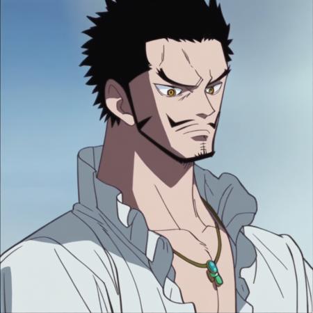 MihawkOP black Mihawk hair, Mihawk facial hair, yellow-black Mihawk eyes, 