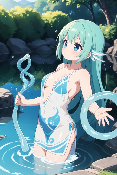 masterpiece, best quality, ultra detailed, anime style, Beside a tranquil lake, a girl commands water with grace, liquid tendrils swirling at her command. Her aquatic-themed attire, adorned with fluid patterns, mirrors the serene beauty of the surroundings as she shapes and controls the water's flow