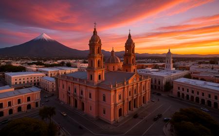 panorama,A dramatic winter sunset over Colima, featuring the historic cathedral with its ornate façade glowing in warm hues, the sky ablaze with orange and pink colors, and the tranquil atmosphere of the plaza, creating a picturesque scene,, sweeping landscapes, unique perspectives, epic scale, revealing hidden beauty, showcasing vastness, immersive experience, precise compositions, expert piloting, dynamic angles, cinematic storytelling, showcasing natural wonders, aerial exploration