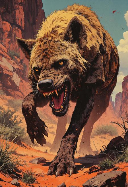 8K, masterpiece, ultra high-definition macro photography, ultra-detailed, Nikon D850, 105mm f/2.8 macro lens, soft diffused natural light, digital painting with photographic realism, hyperrealistic depiction of a wild hyena in an aggressive stance, mouth wide open exposing jagged yellow teeth and a slick pink tongue, eyes narrowed with intense predatory focus, richly detailed fur in layered shades of brown, beige, and black—short and long strands adding tactile depth, raised hackles emphasizing tension, large rounded ears with dark inner texture and tufts of fur, sharp claws extended in dynamic motion, positioned in a rugged savannah scene with cracked ochre earth, scattered tufts of dry grass, thorny acacia shrubs and sparse desert vegetation, warm ambient light casting soft shadows, dust particles subtly suspended in air, harmonious blend of realism and painterly composition, mood is wild, raw, and powerfully visceral.