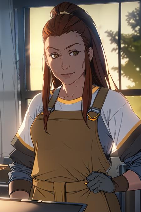 brigitte,  dressed in mechanic clothes, dirty, window, tree, looking at viewer, sweat, workshop, sunlight, neutral facial expression, light smile, best quality, <lora:bannersaga:0.8>, <lora:brigitte:0.5>