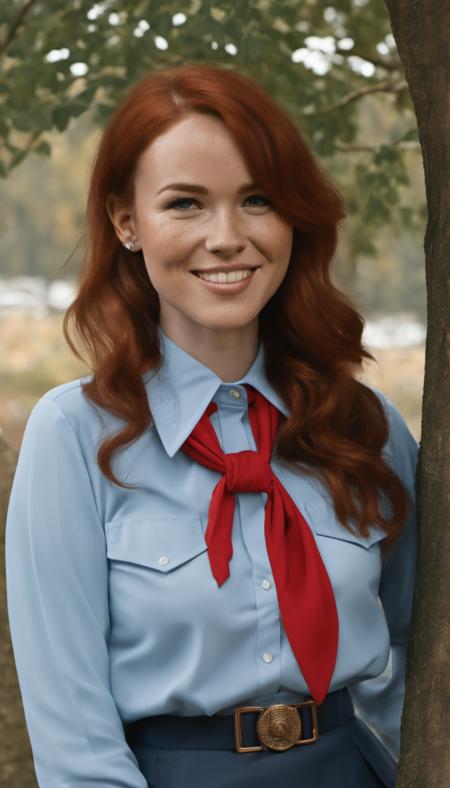 professional detailed upper body close-up photo of smiling adult attractive petite freckled curvy actress with hair up, wearing school uniform, pionyrs deep light blue 70s dagger collar shirt with pionyrs bright red neckerchief, pionyrs short deep dark blue skirt with pionyrs sash with silver buckle, in a park, late autumn afternoon