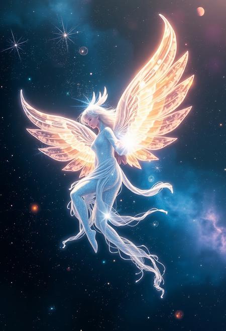 Celestial Beings
- "A radiant celestial being with translucent wings, floating gracefully in the cosmos, surrounded by shimmering stardust and glowing nebulae."
